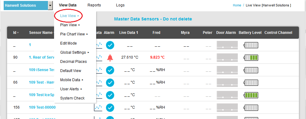 View Data Drop Down Menu - Live View