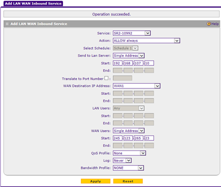 Adding a LAN WAN Inbound Service - WAN Destination IP Address Specified