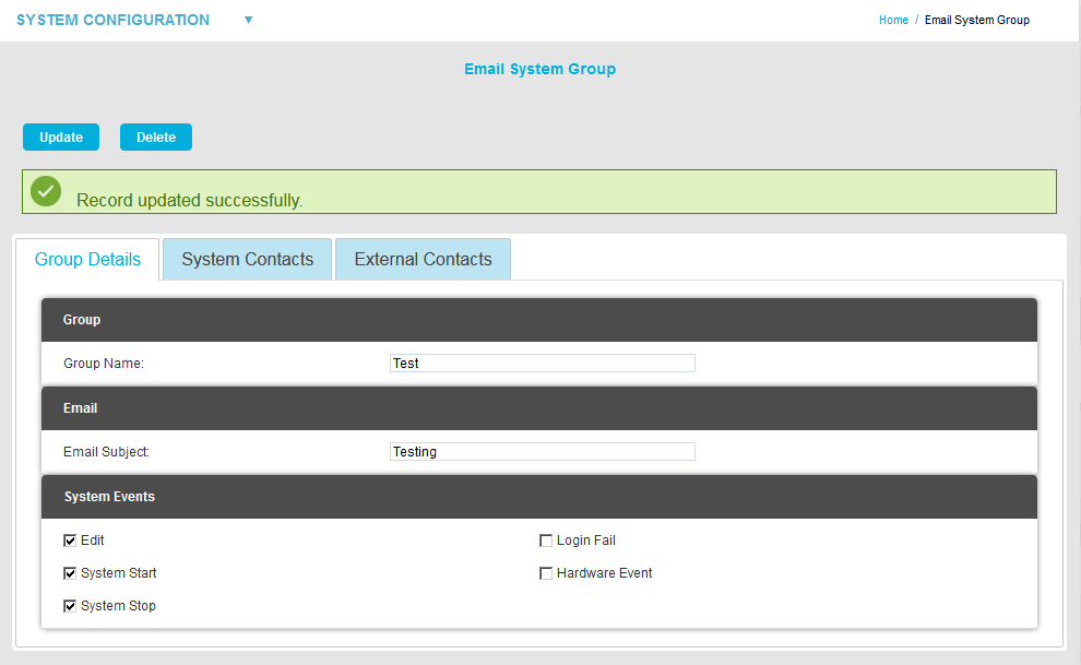 Email System Group - Record Updated Successfully
