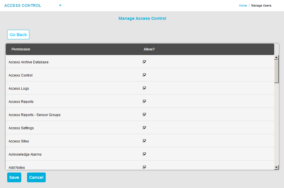 Manage Access Control Tick boxes