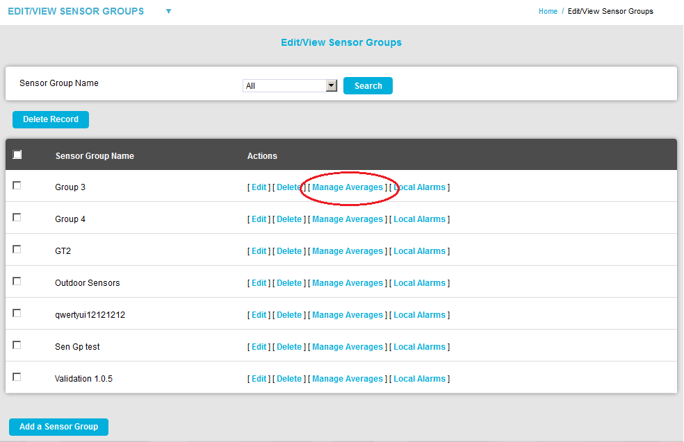 Manage Averages Edit-View Sensor Groups