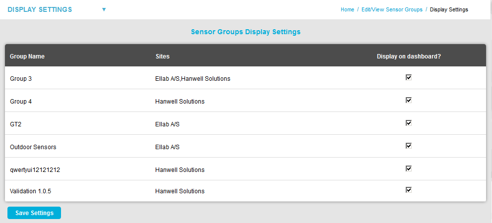 Sensor Groups Display Settings