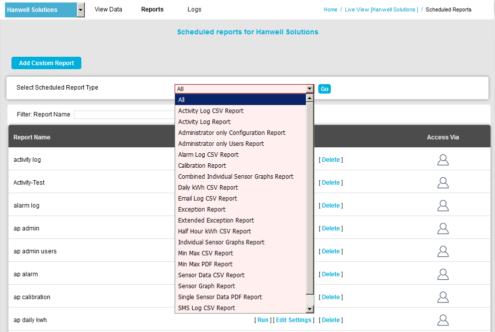 Schedules Reports Drop Down menu