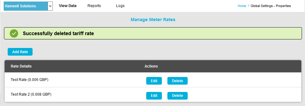 Delete Tariff Rate Successful New