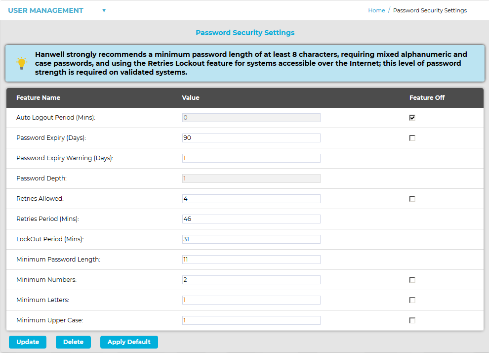 Password Security Settings Window