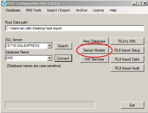 EMS Config Window - Sensor Models Button