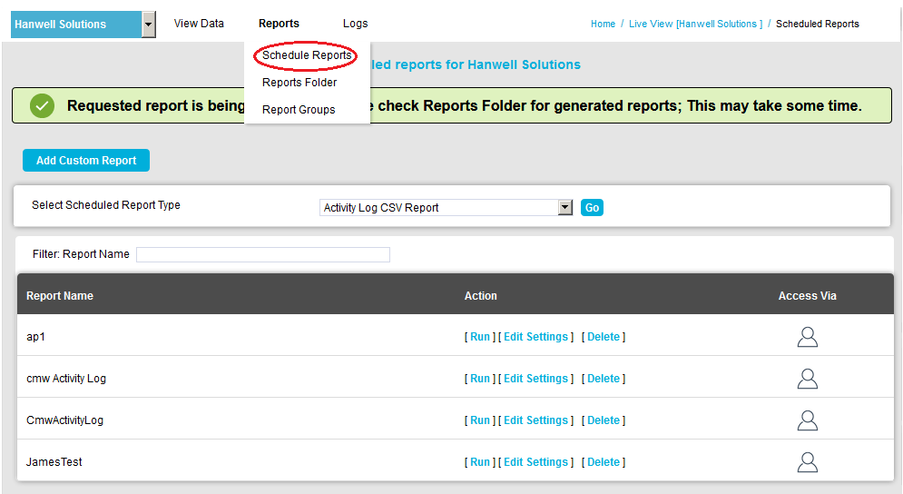 Select Scheduled Reports Drops down