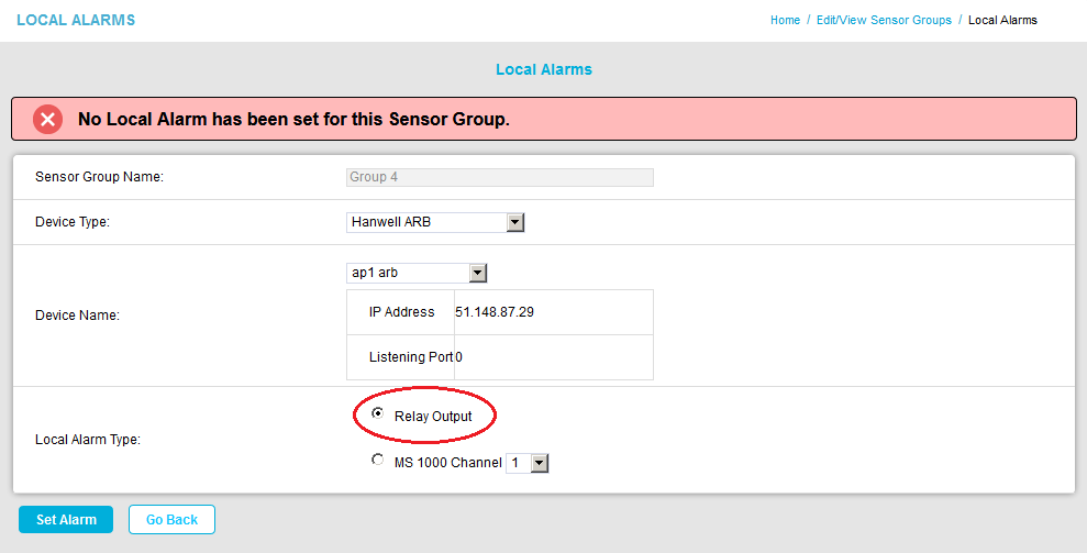 Local Alarms Relay Output Radio Button