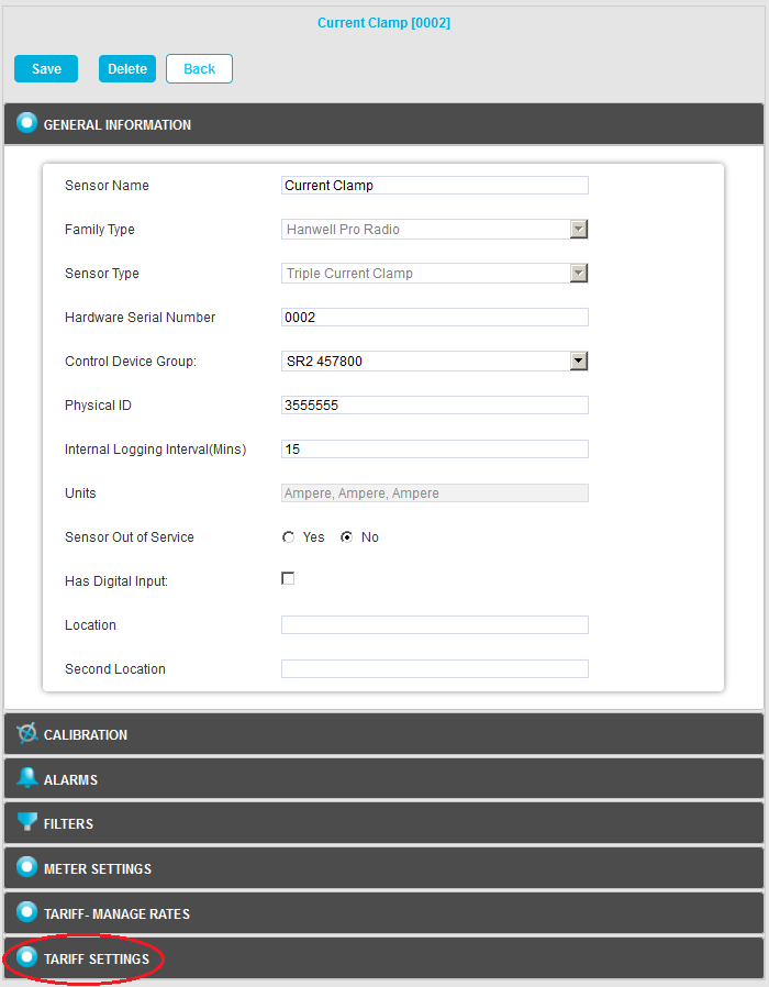 Current Clamp Sensor Tariff Settings Pane