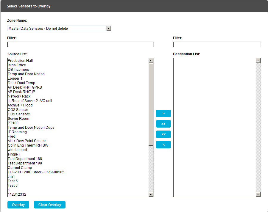 Select Sensors to Overlay Zone Selected