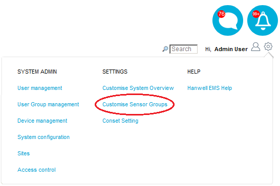 System Menu - Customise Sensor Groups