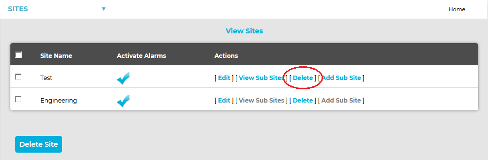 View Sites Delete Sub Sites Previous Version