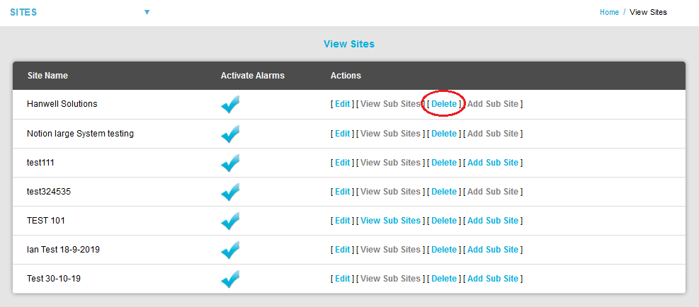 View Sites Window Delete Selected