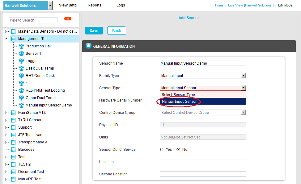 Manual Input Sensor Sensor Type List