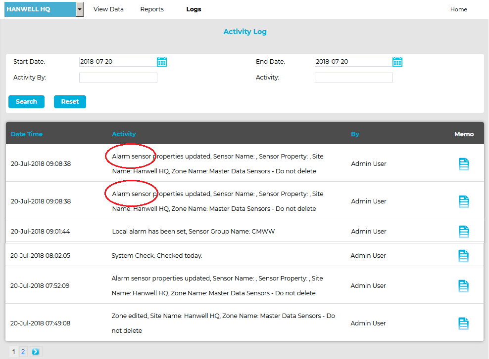 Activity Log Alarm Parameters