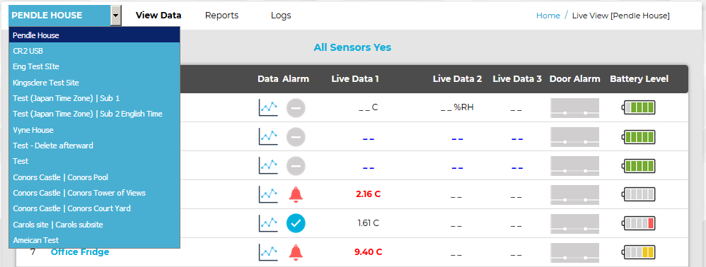 Sites Drop Down List View Live Data Window