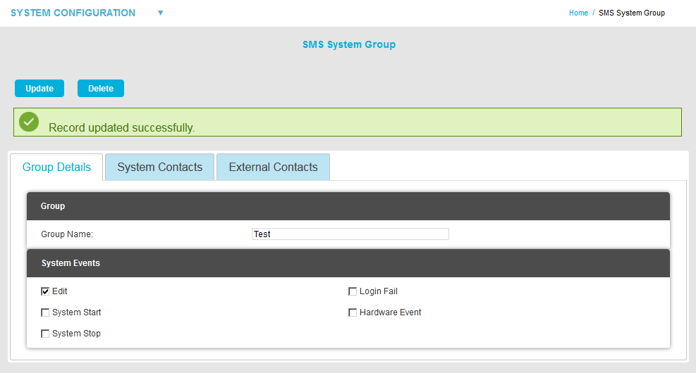 SMS System Group Record Updated