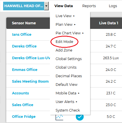 Edit Zone Entry View Data Drop Down Menu