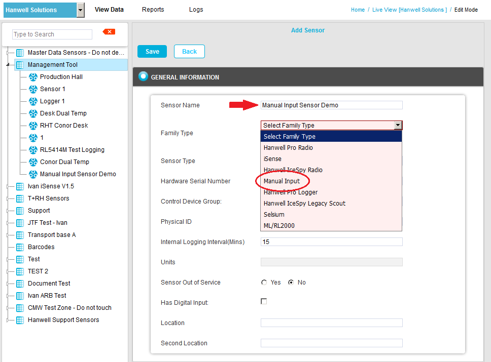 Manual; Input Sensors Sensor Name Enter