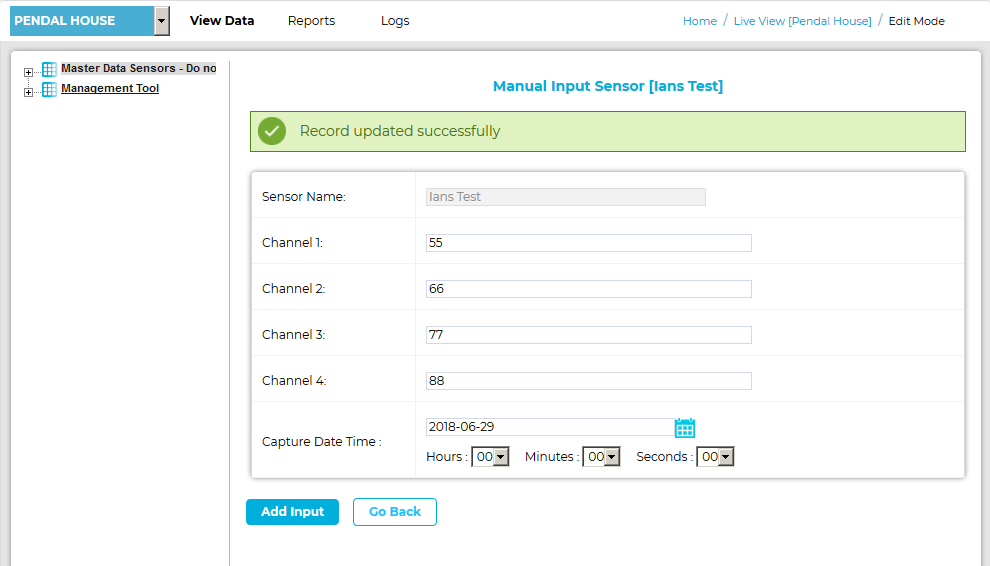 Record Updated Successfully - Manual Input Sensors