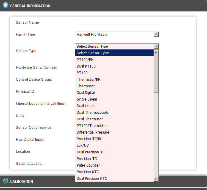 Select Sensor Type Drop Down Menu