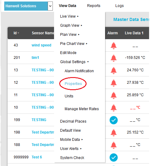 Global Properties Drop-down