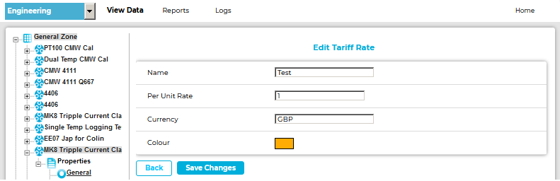 Edit Tariff Rate Window