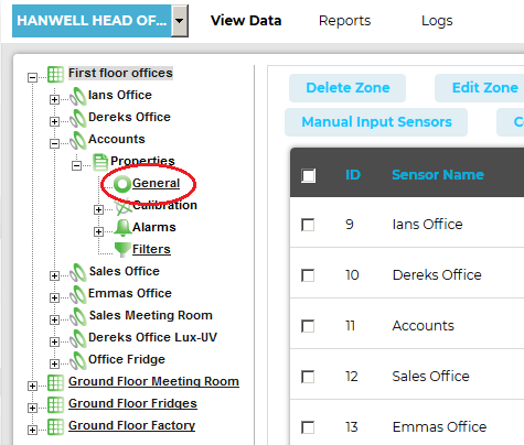 Zone Sensor Properties General