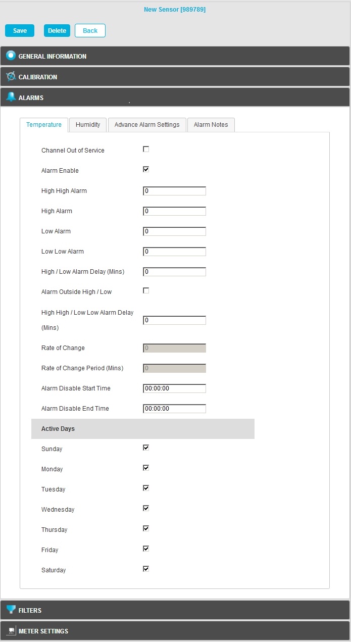 Sensor Properties Alarms