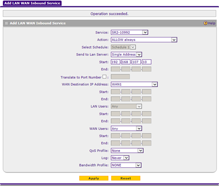 Adding a LAN WAN Inbound Service - WAN Destination IP Address Unspecified