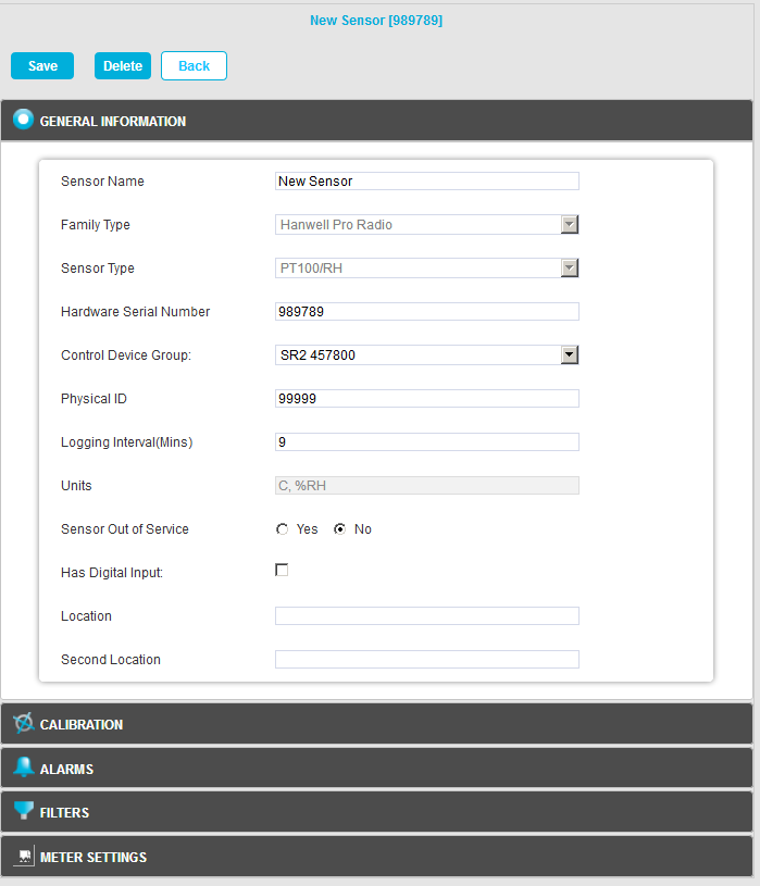 Edit Mode Window for Sensor