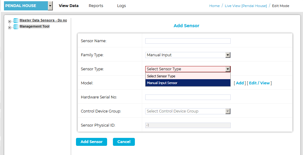 Add Sensor Manual Input Sensor Drop Down