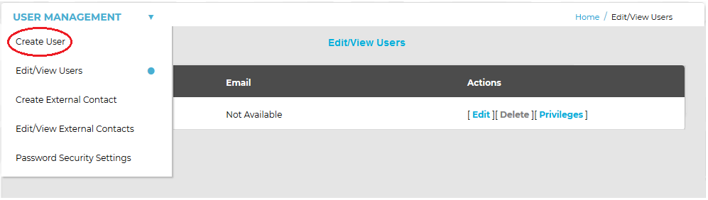 User Management Drop Down-Create User