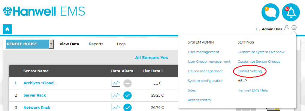 Conset Setup System Menu